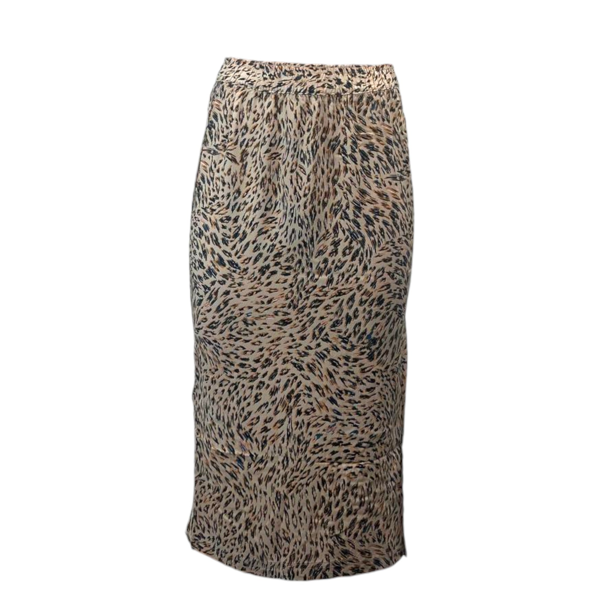 Women's midi pencil skirt with animal print – elastic waistband, lightweight fabric, and a flattering slim fit ideal for casual or evening wear.